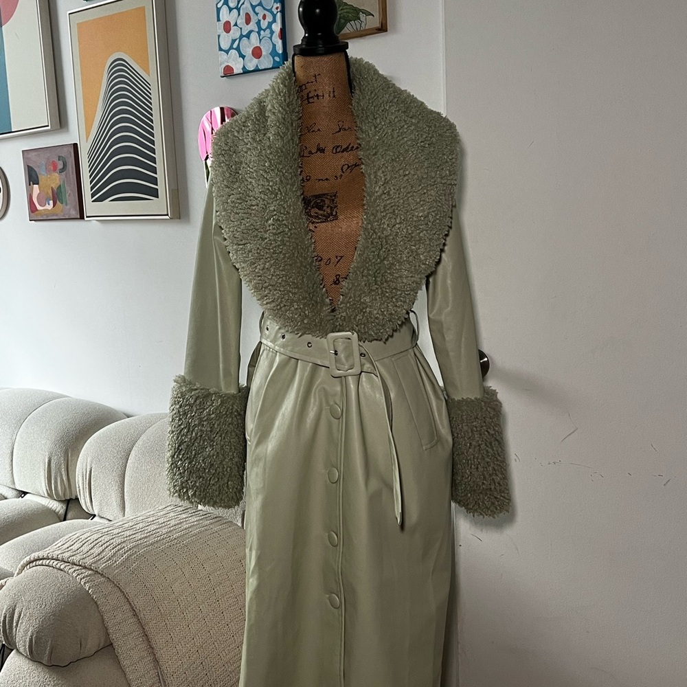 Light Green Coat with Faux Fur Trim